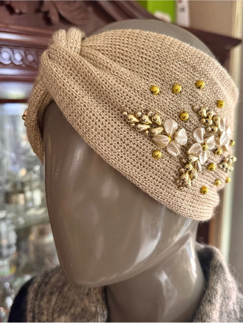 Anthropologie Beaded Knit Turban Headband Ear Warmer - Beige & Gold Boho